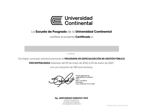 Certicación de Diploma de Especializacion de Continental