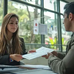 Un egresado de cursos en derecho entrega constancias de cumplimiento de tributación en una ventanilla de trámites de gobierno.