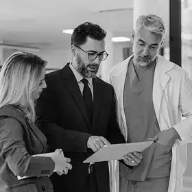 Egresado de Maestría de Salud, está revisando con un doctor el expediente de un paciente.