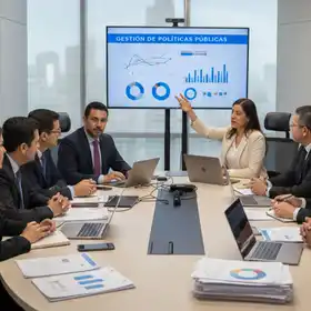 Profesionales frente a una mesa de trabajo, analizando datos y propuestas para mejorar la gestión de políticas públicas en un entorno institucional moderno