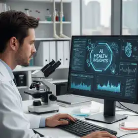 Profesional analizando datos biomédicos en una inteligencia artificial en salud, mostrando la integración entre tecnología y atención clínica.